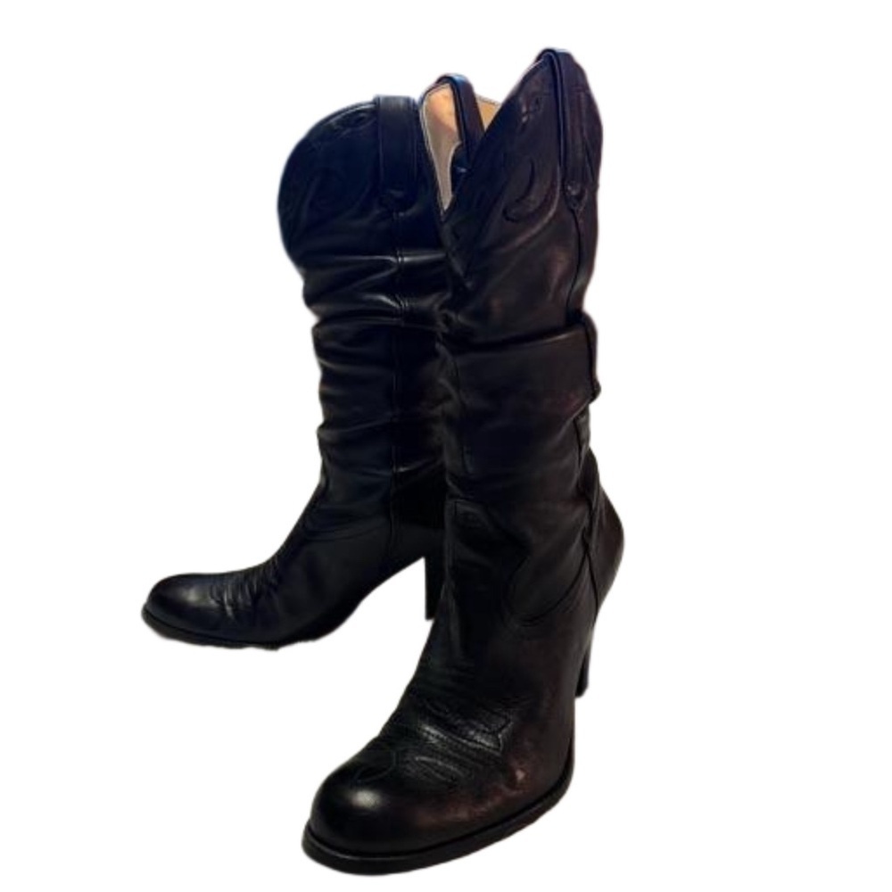 Jessica Simpson Daisy Black Leather Cowgirl Boots Size 7.5 Slouchy Almond Toe - Picture 1 of 13
